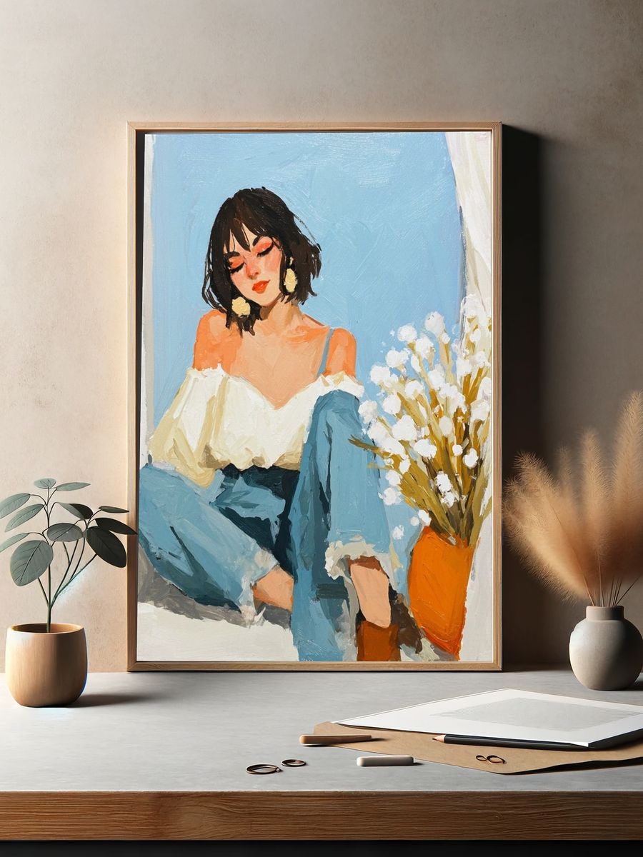 Blue Window Portrait Illustration Poster. — room view 2