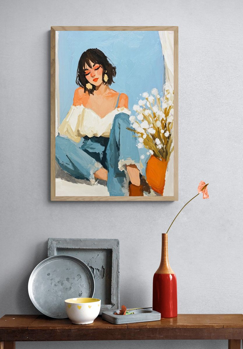 Blue Window Portrait Illustration Poster. — room view 3