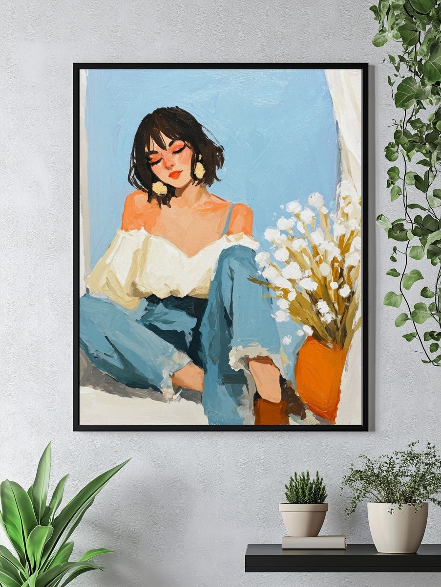 Blue Window Portrait Illustration Poster. — room view 4
