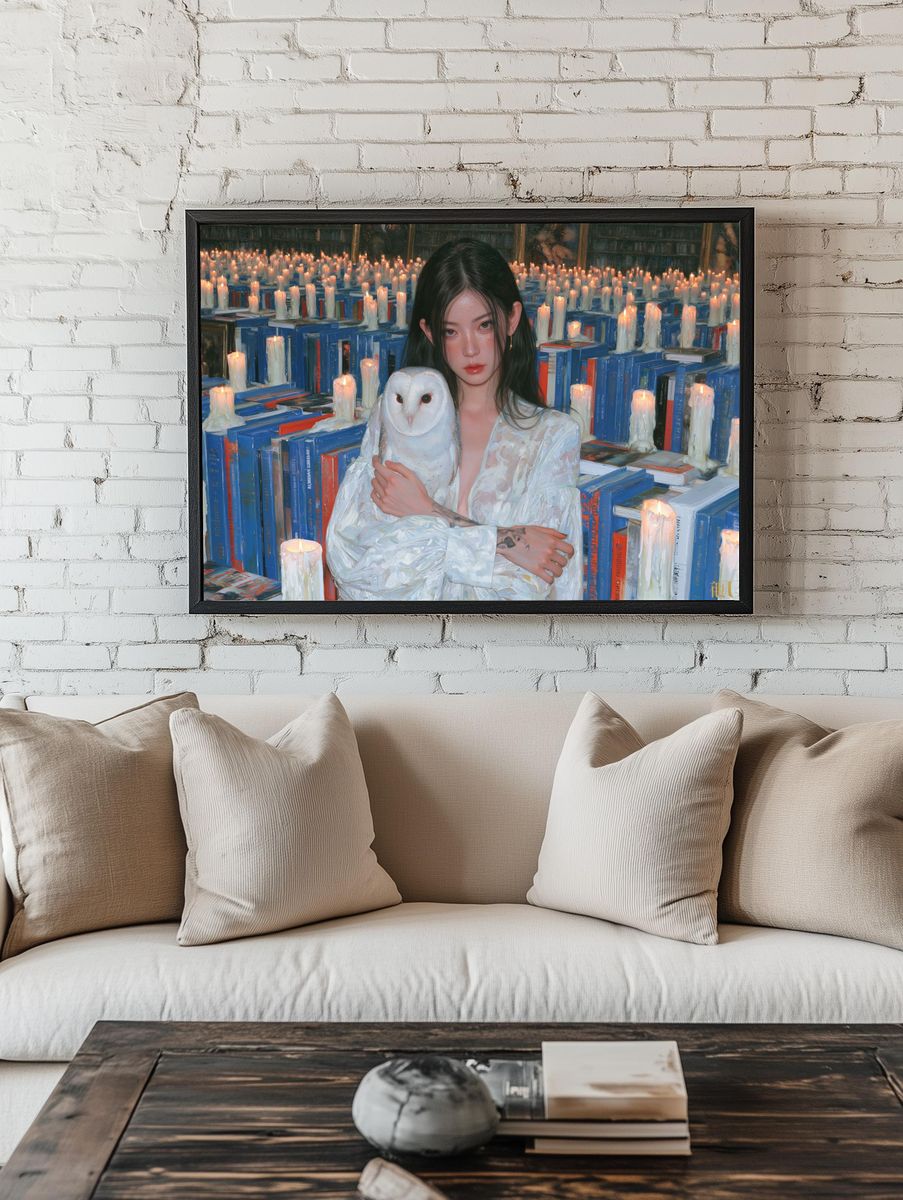 Candlelit Library Portrait Print. room preview