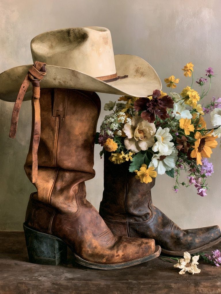 Cowboy Boots Still Life Print. poster — fine-art art