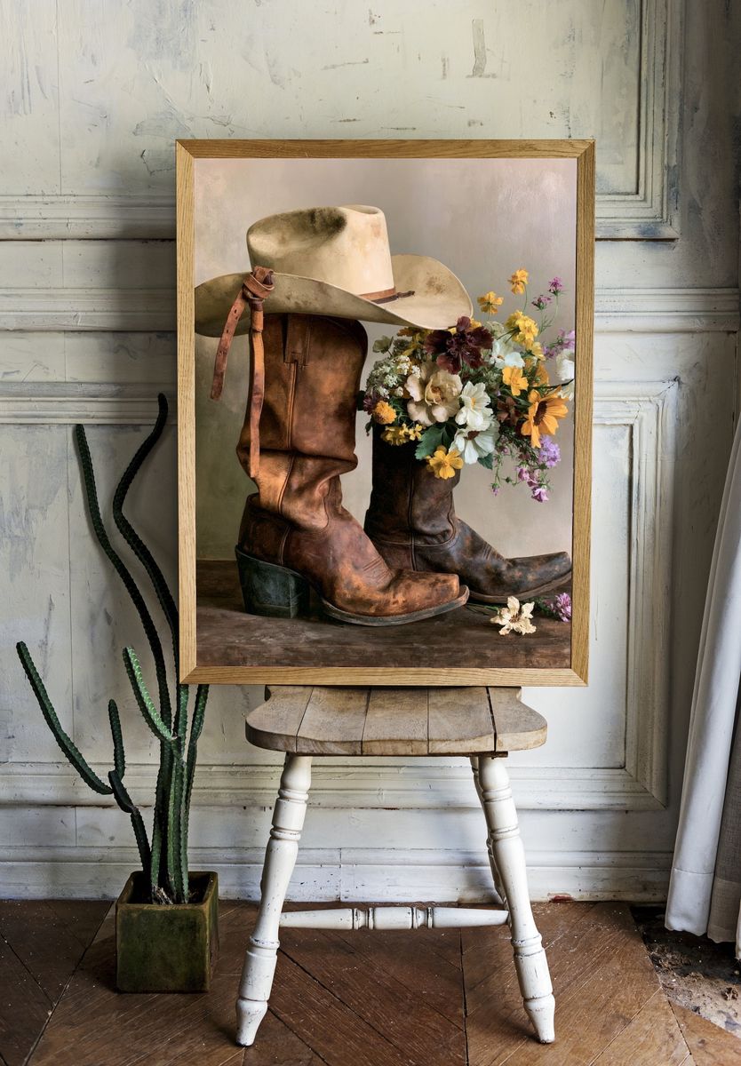 Cowboy Boots Still Life Print. room preview
