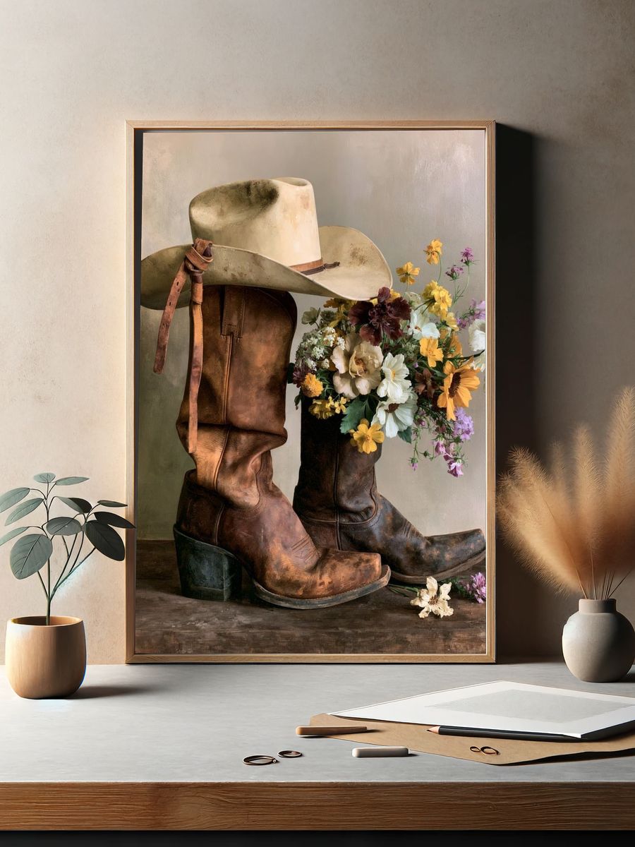 Cowboy Boots Still Life Print. — room view 2
