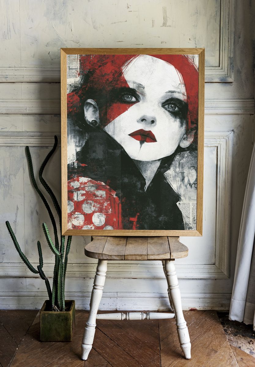 Red and Black Woman Portrait Print. room preview