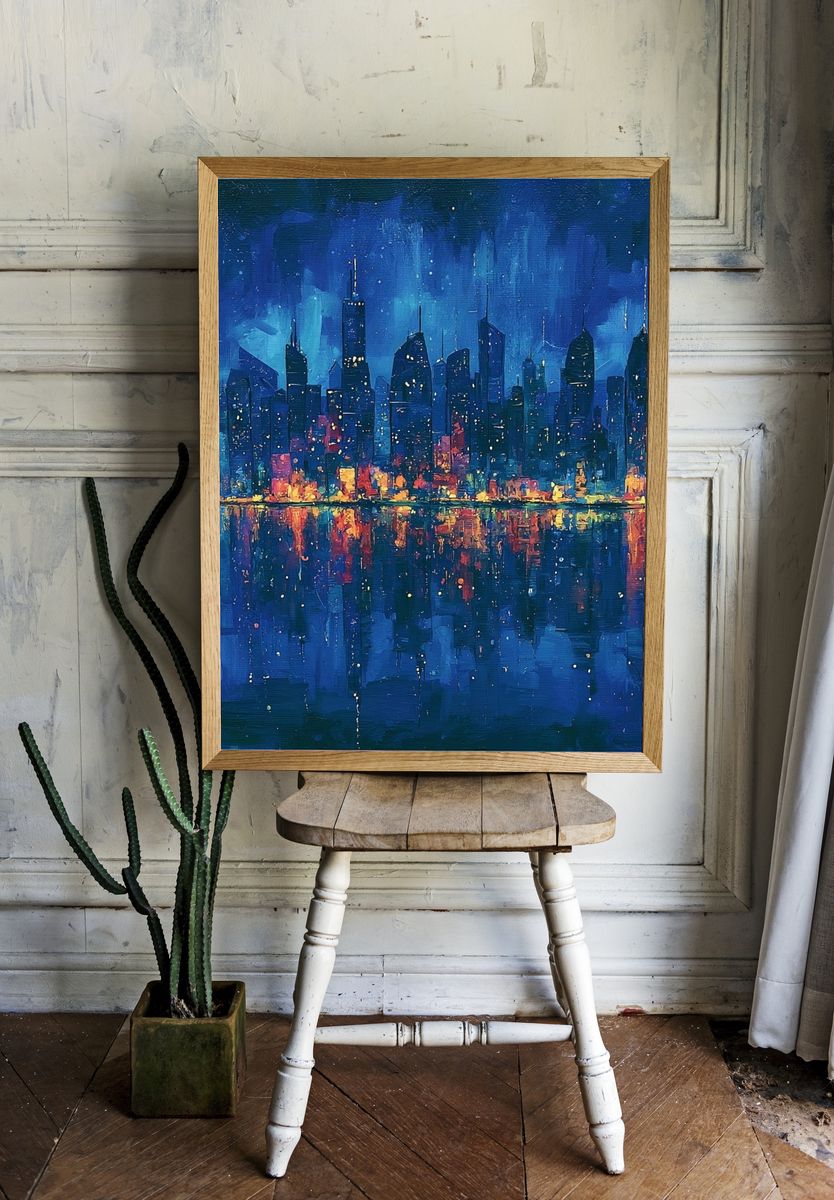 Blue City Skyline Night Print. — room view 1