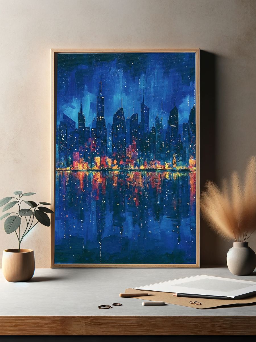 Blue City Skyline Night Print. — room view 2
