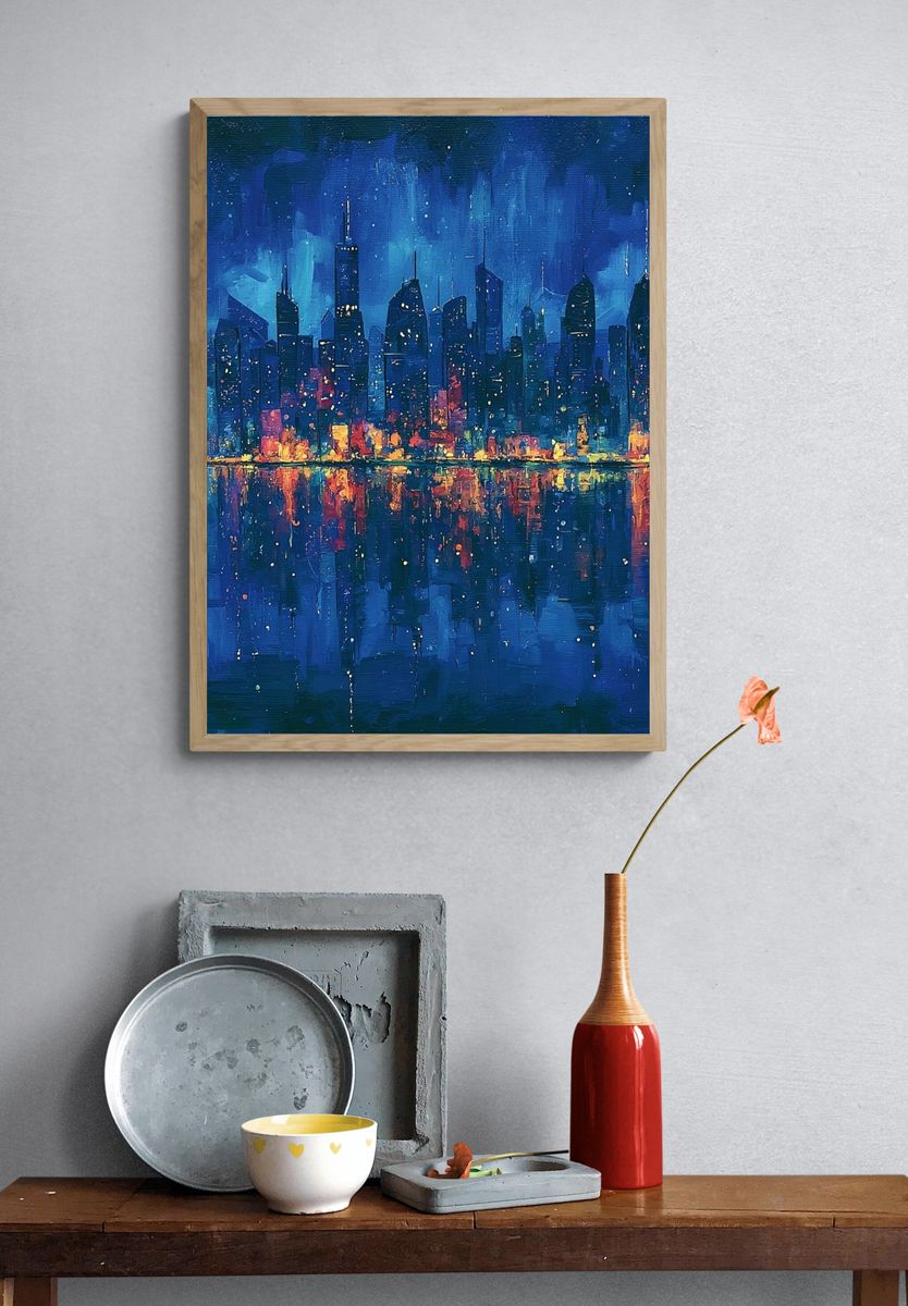 Blue City Skyline Night Print. — room view 3