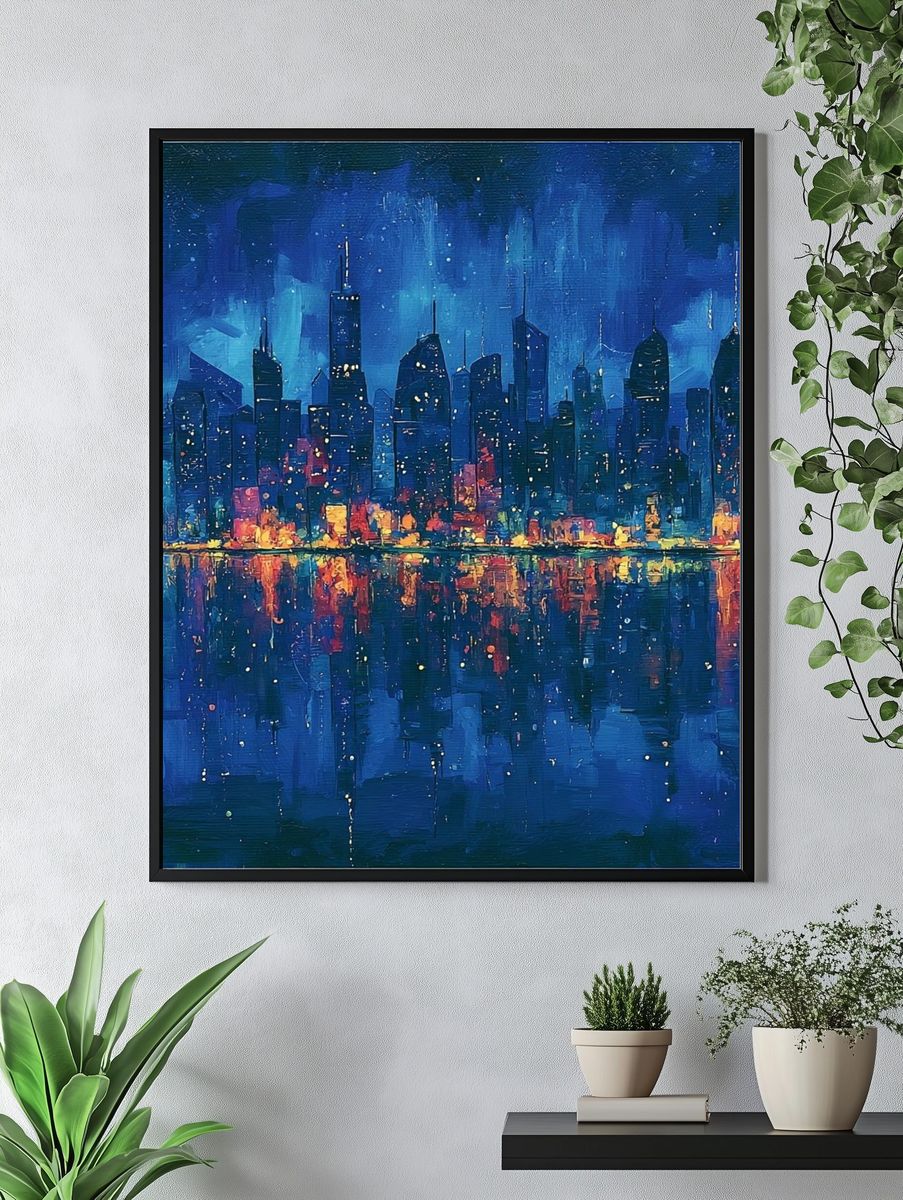 Blue City Skyline Night Print. — room view 4