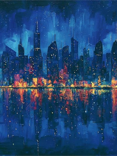 Blue City Skyline Night Print. poster