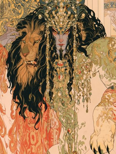 Lion and Woman Art Nouveau Poster.