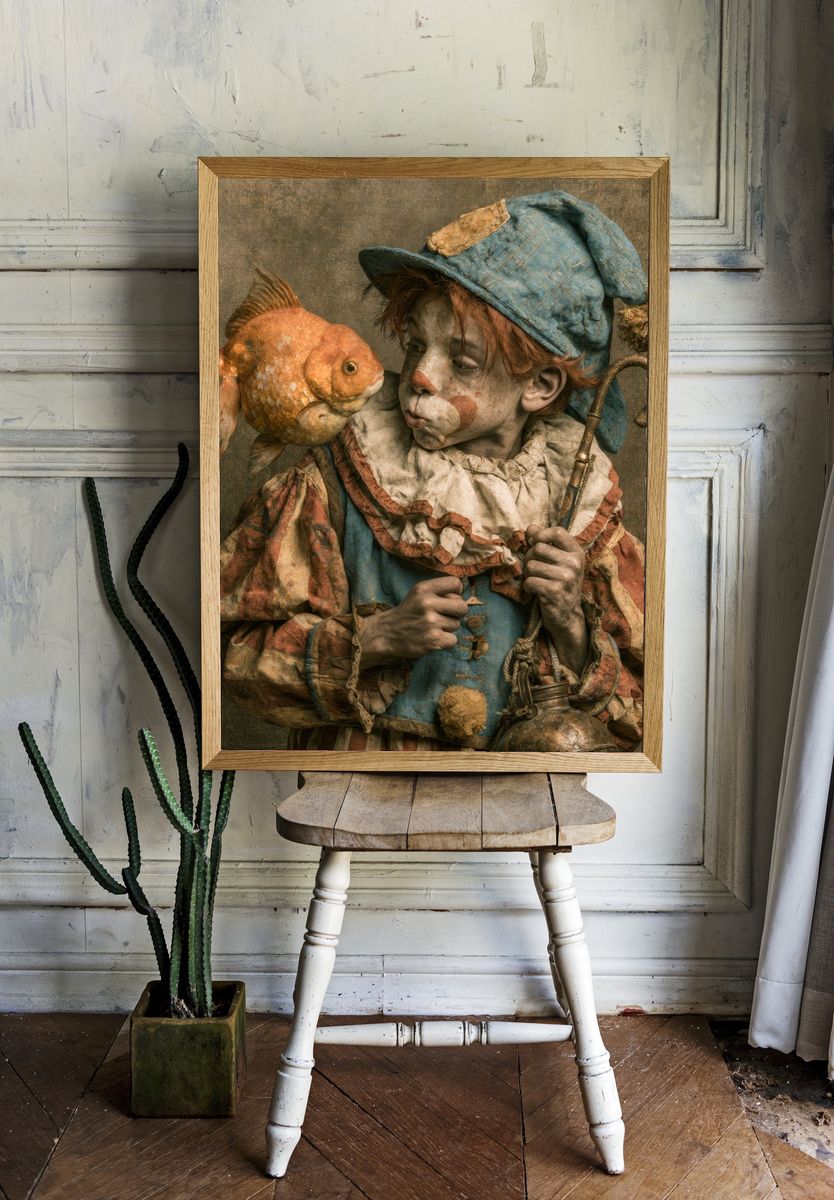 Surreal Clown and Goldfish Print. — room view 1