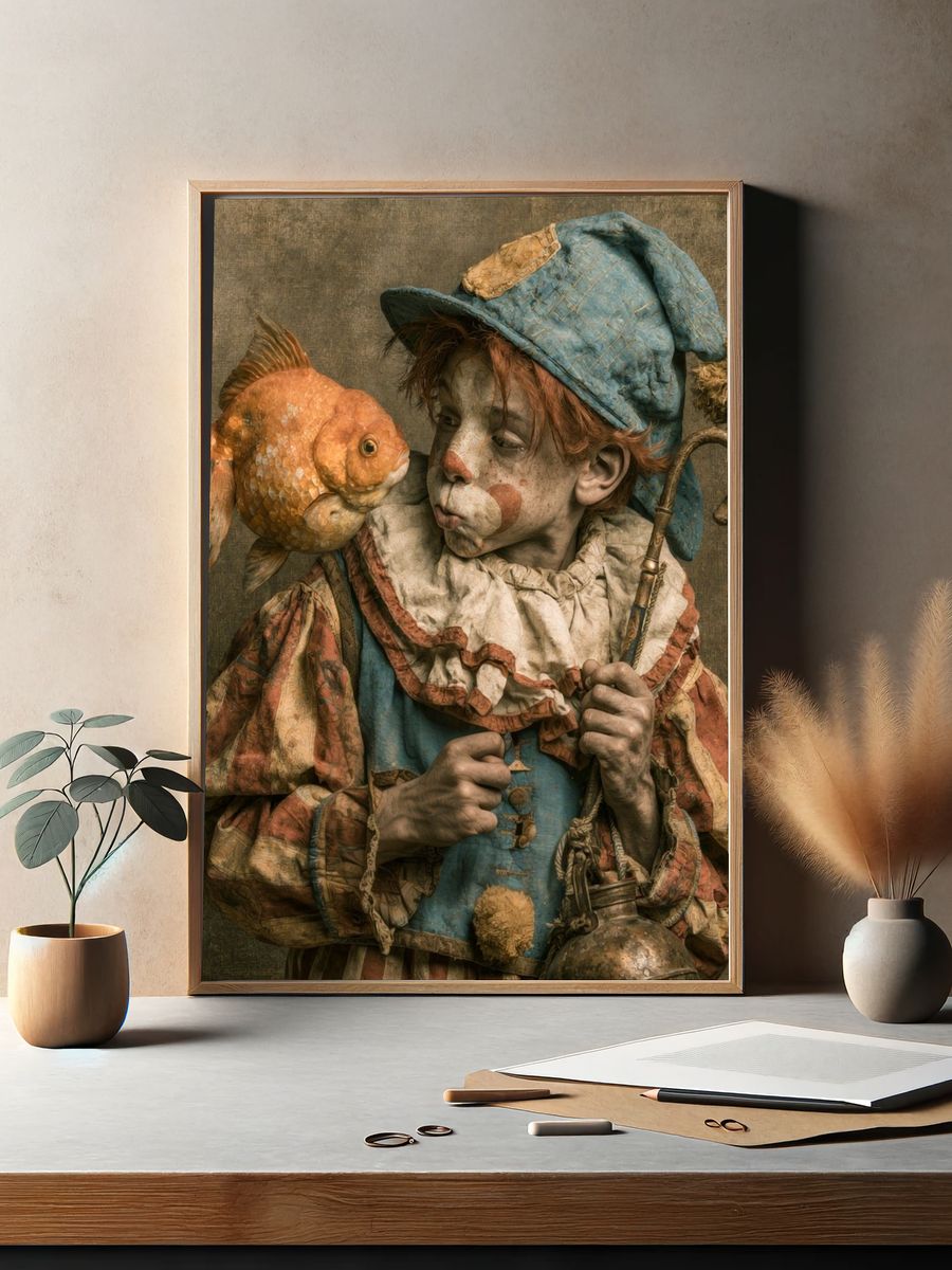 Surreal Clown and Goldfish Print. — room view 2