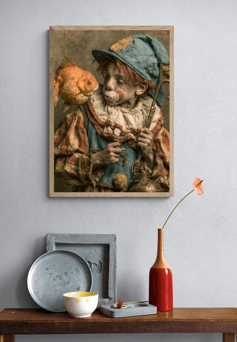 Surreal Clown and Goldfish Print. — room view 3
