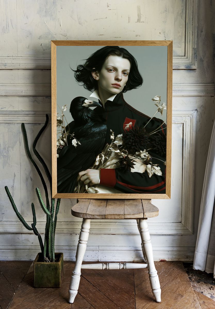 Gothic Portrait with Raven Print. room preview