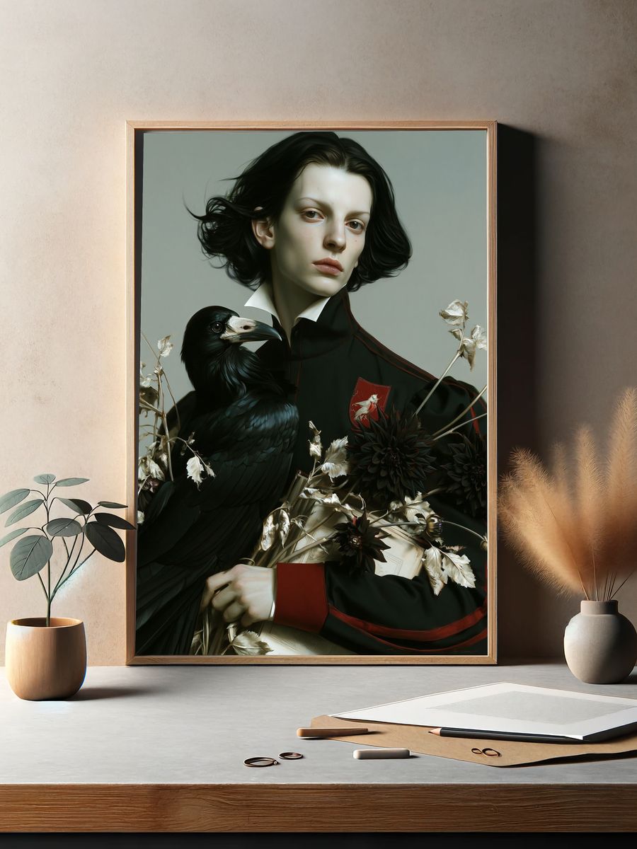Gothic Portrait with Raven Print. — room view 2