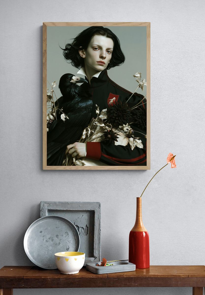 Gothic Portrait with Raven Print. — room view 3