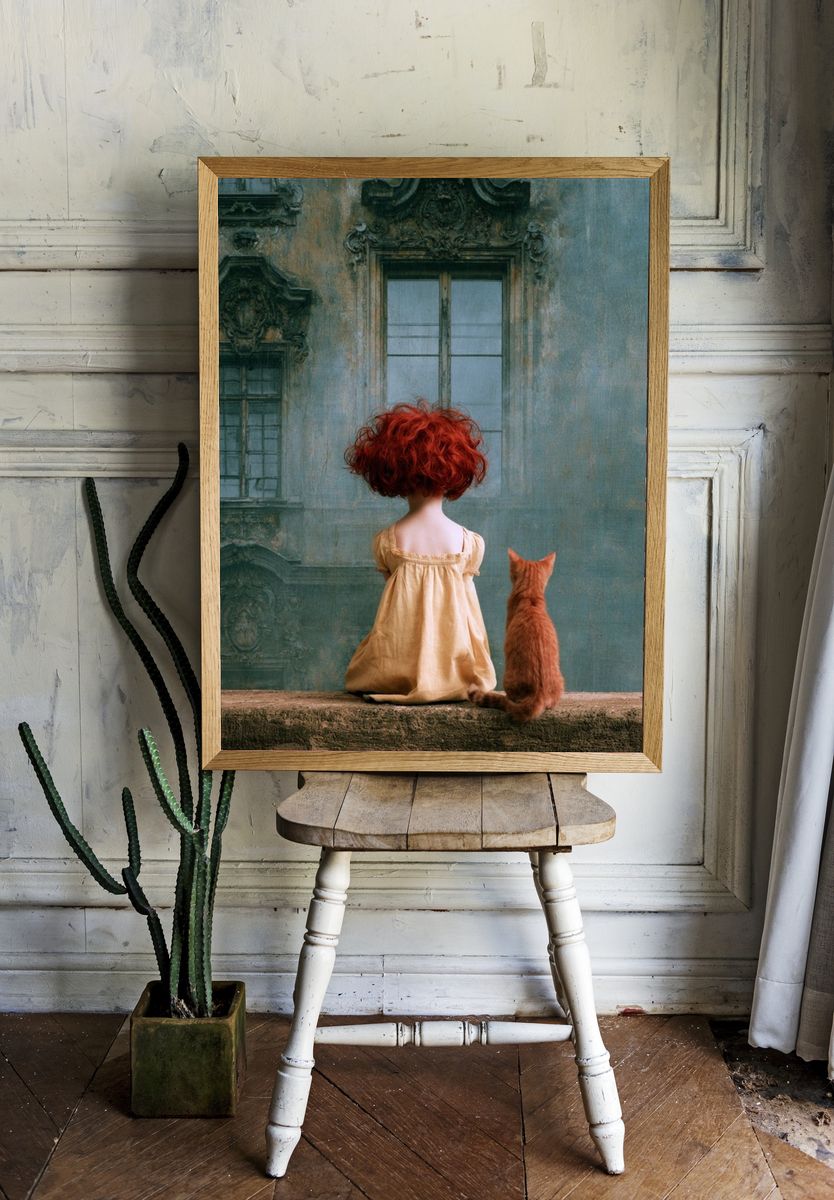 Girl and Cat Surrealism Print. — room view 1