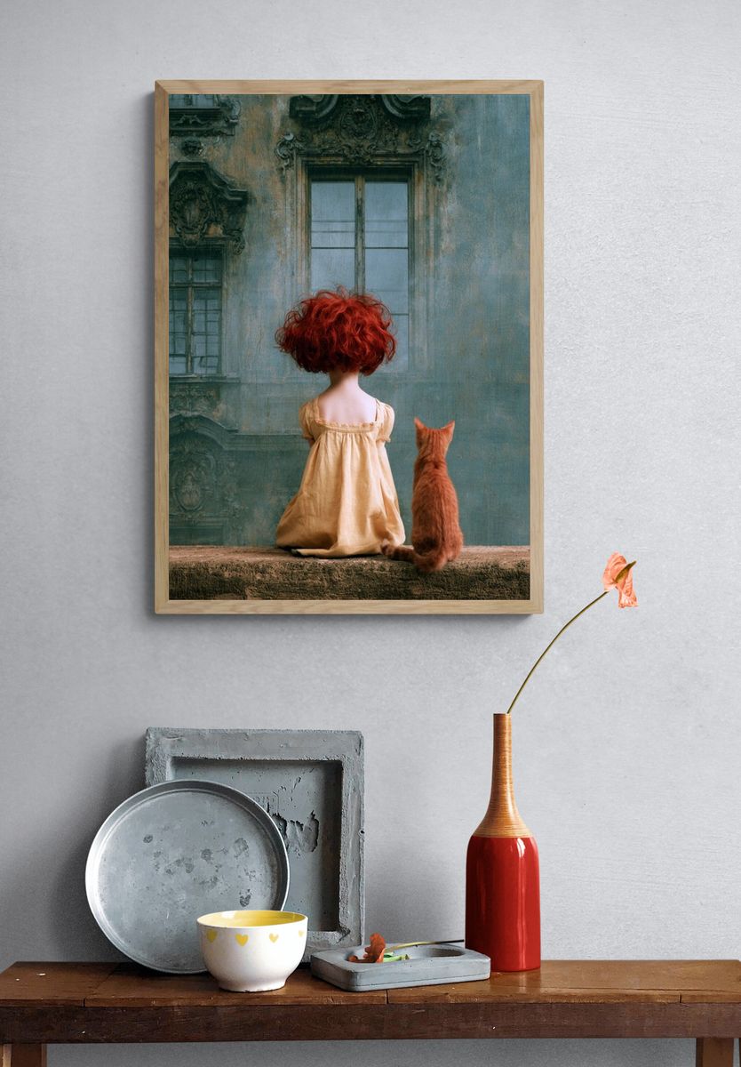 Girl and Cat Surrealism Print. — room view 3