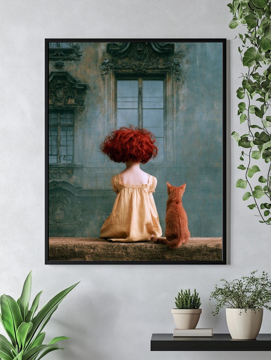 Girl and Cat Surrealism Print. — room view 4