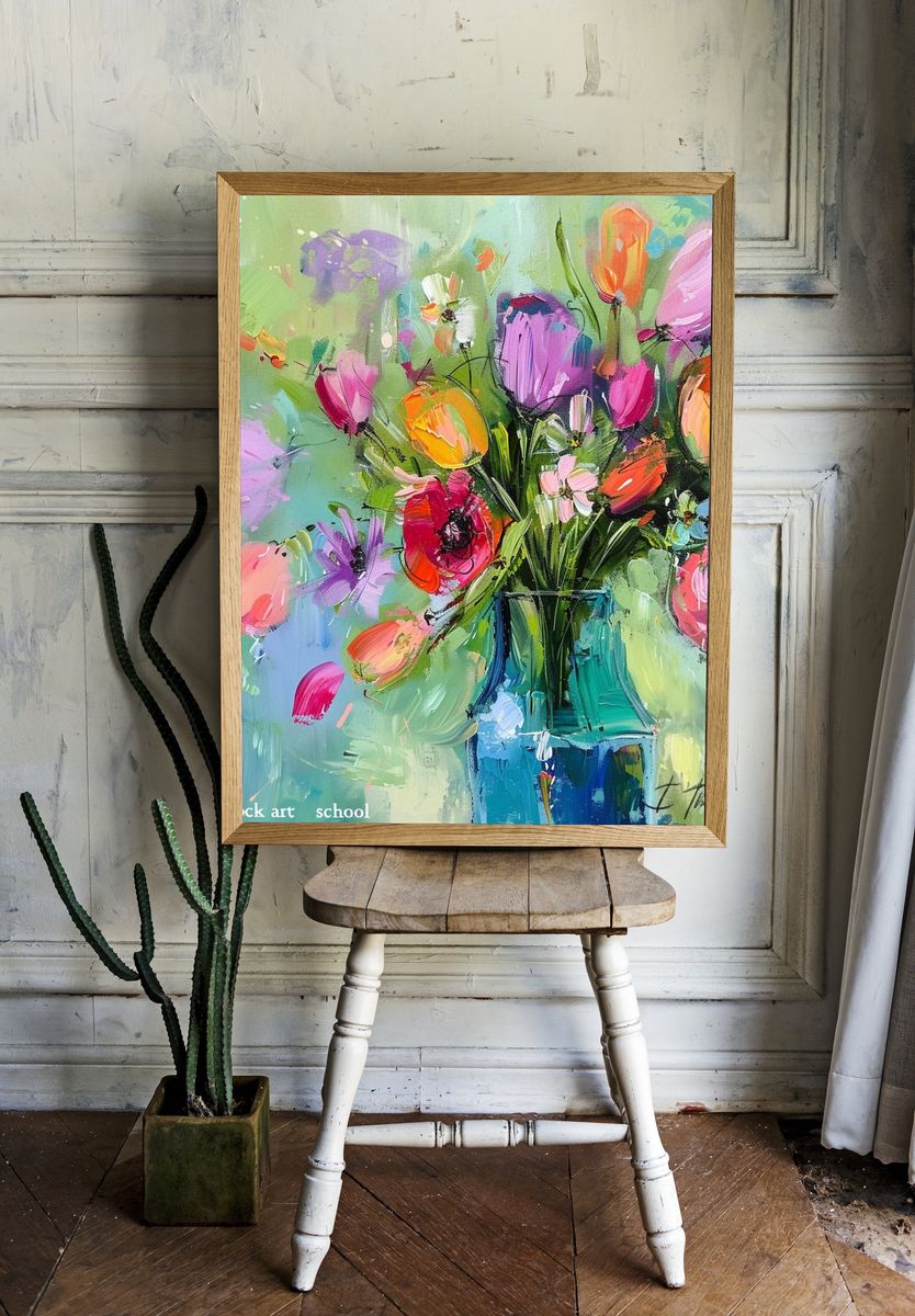 Colorful Tulip Bouquet Illustration Poster. — room view 1