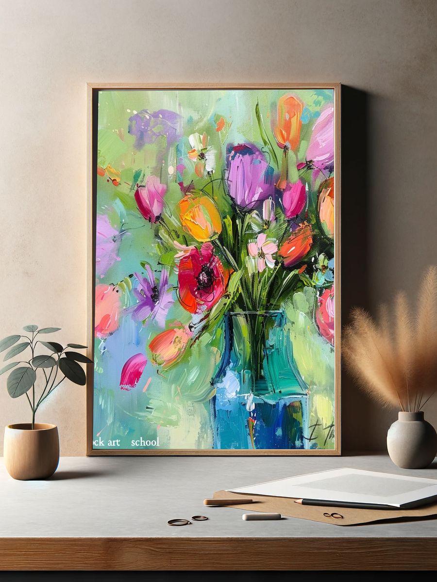 Colorful Tulip Bouquet Illustration Poster. — room view 2