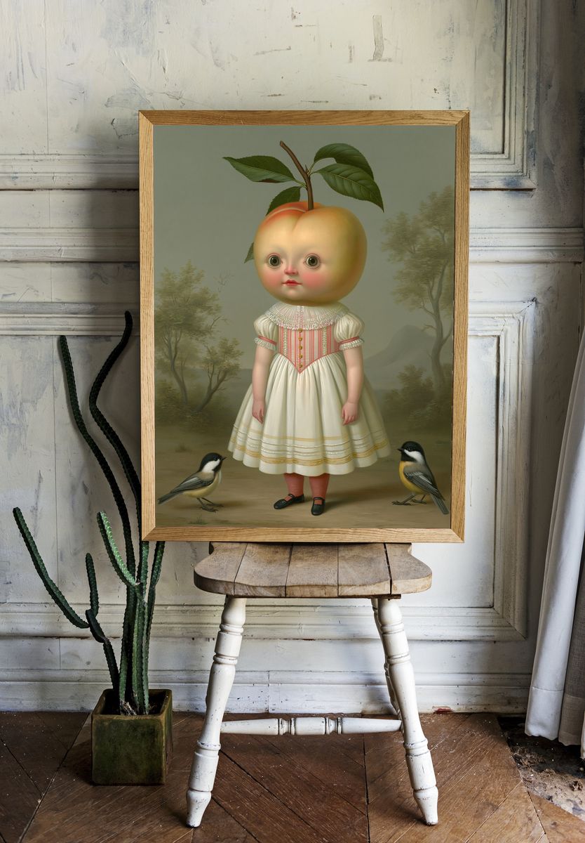 Peach Child Surrealism Print. room preview