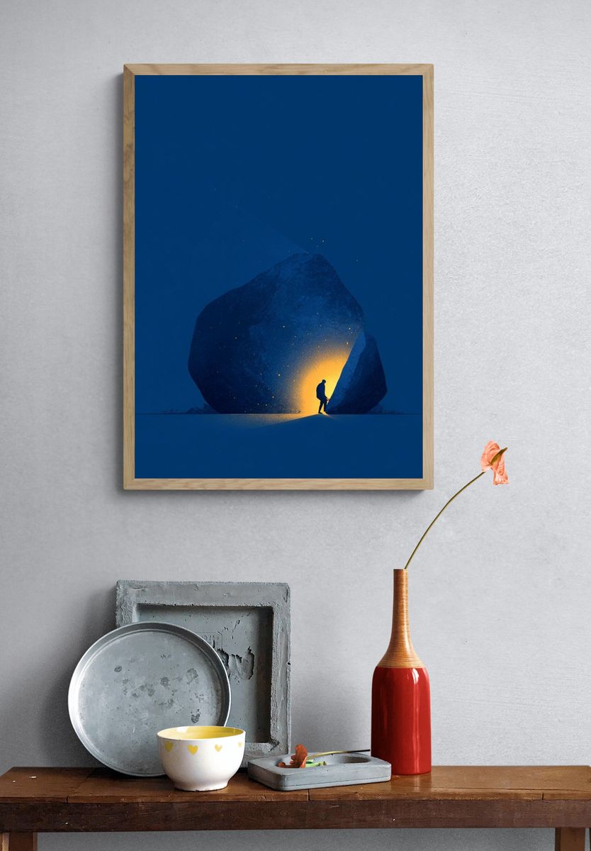 Solitary Figure in Blue Cave Print. — room view 3