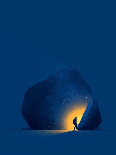 Solitary Figure in Blue Cave Print. poster print