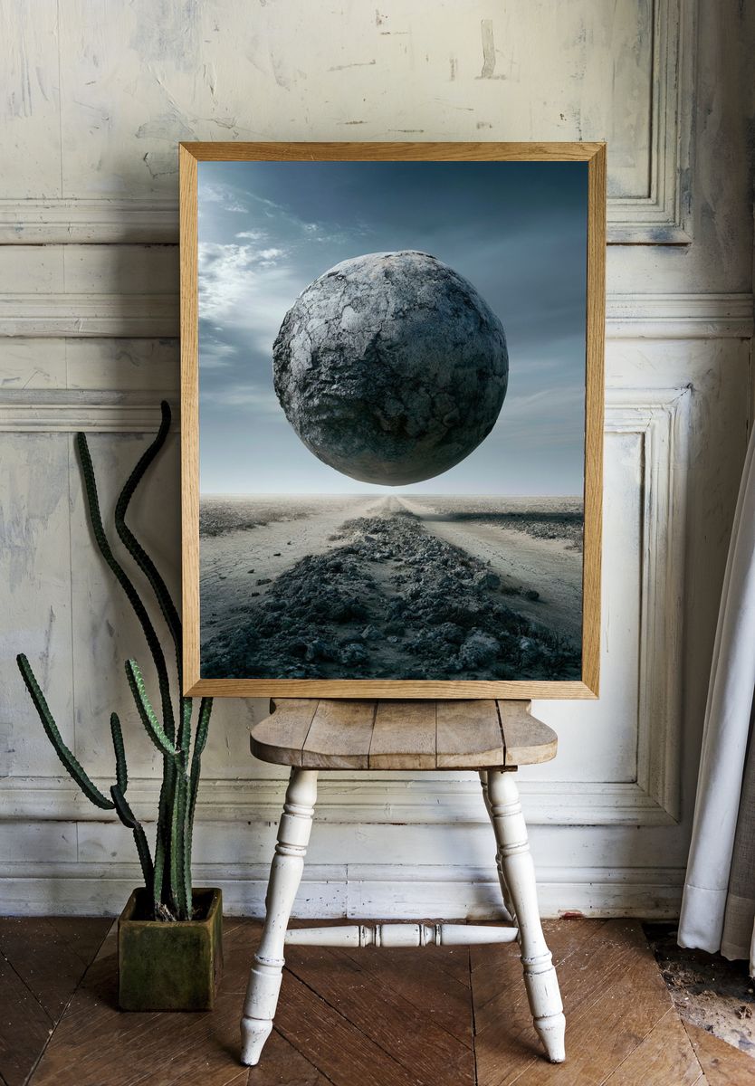 Floating Stone Sphere Surrealism Print. room preview