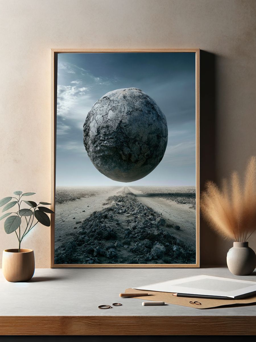 Floating Stone Sphere Surrealism Print. — room view 2