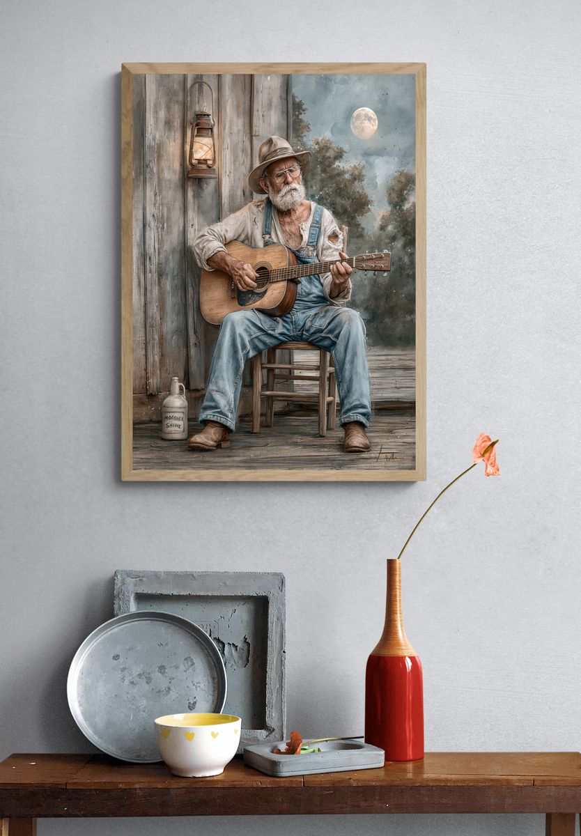 Old Cowboy Guitarist — Fine-Art Print. — room view 3
