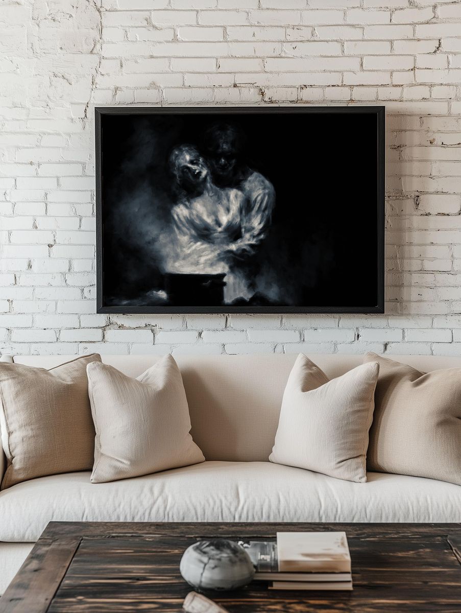Ghostly Couple Surrealism Print. room preview