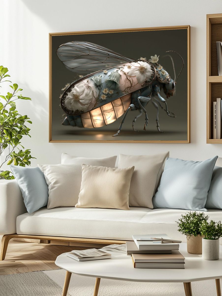 Floral Beetle Surrealism Print. — room view 2
