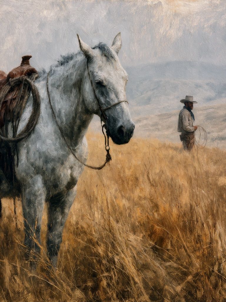 Cowboy Horse in Field — Fine-Art Print. poster detail