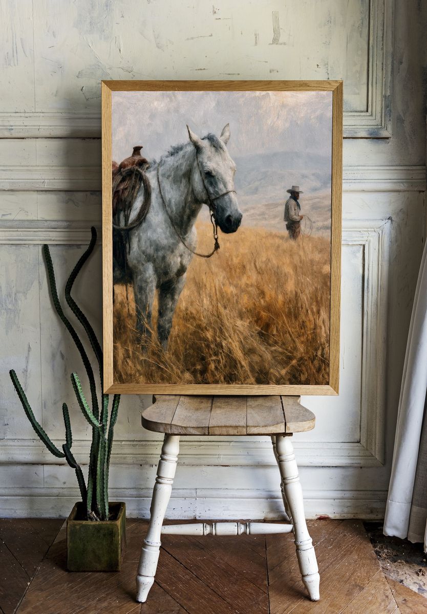 Cowboy Horse in Field — Fine-Art Print. room preview