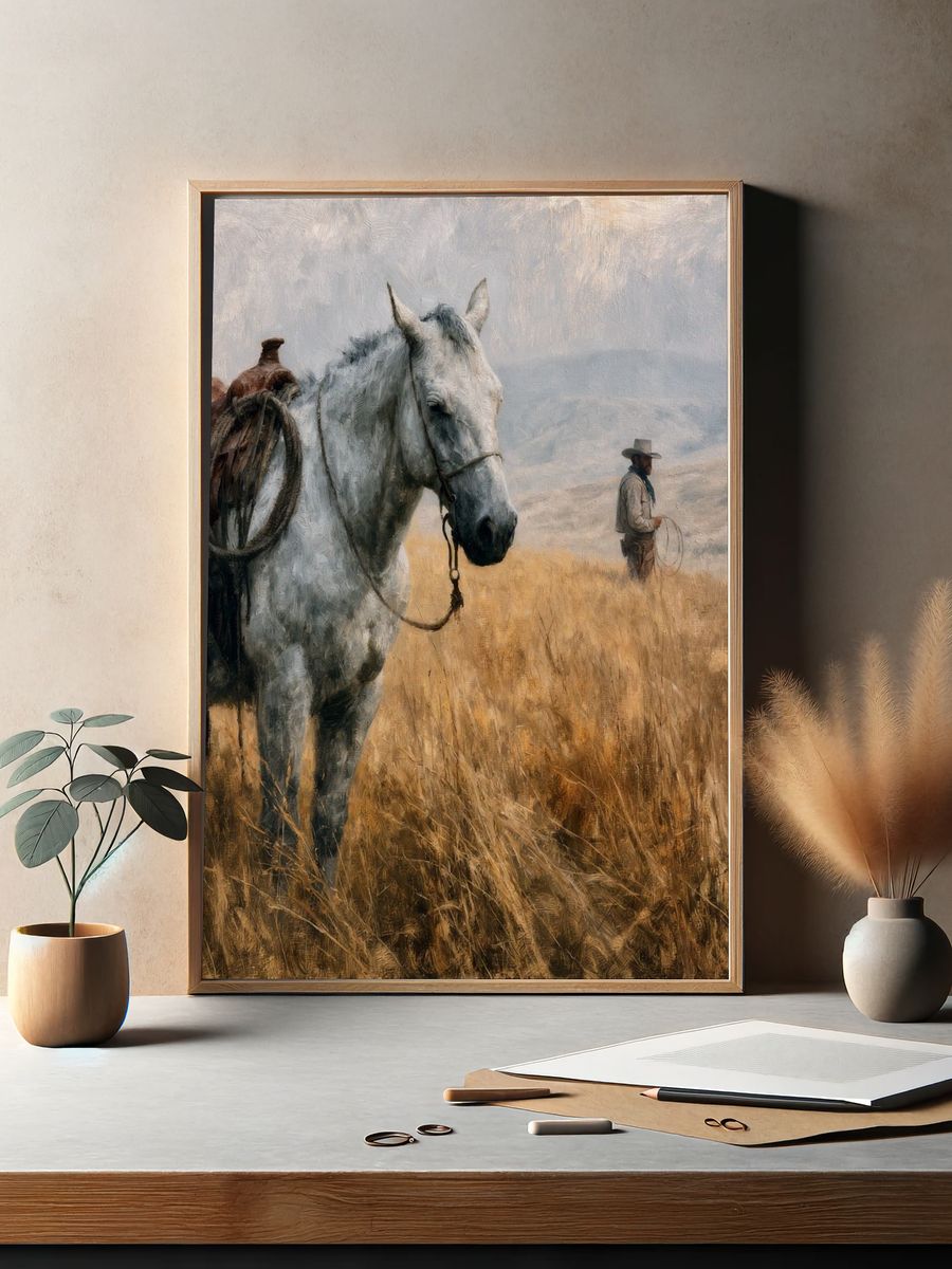 Cowboy Horse in Field — Fine-Art Print. — room view 2