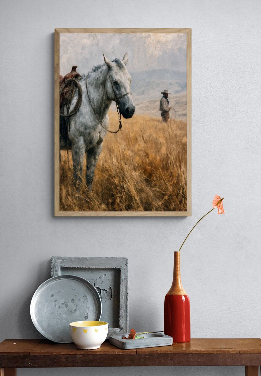 Cowboy Horse in Field — Fine-Art Print. — room view 3