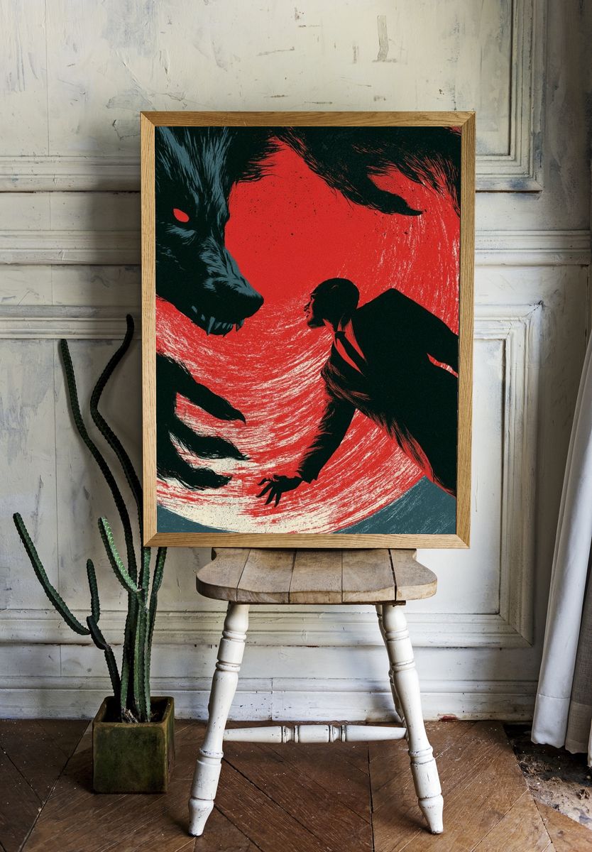 Wolf Attack Surrealism Print. room preview