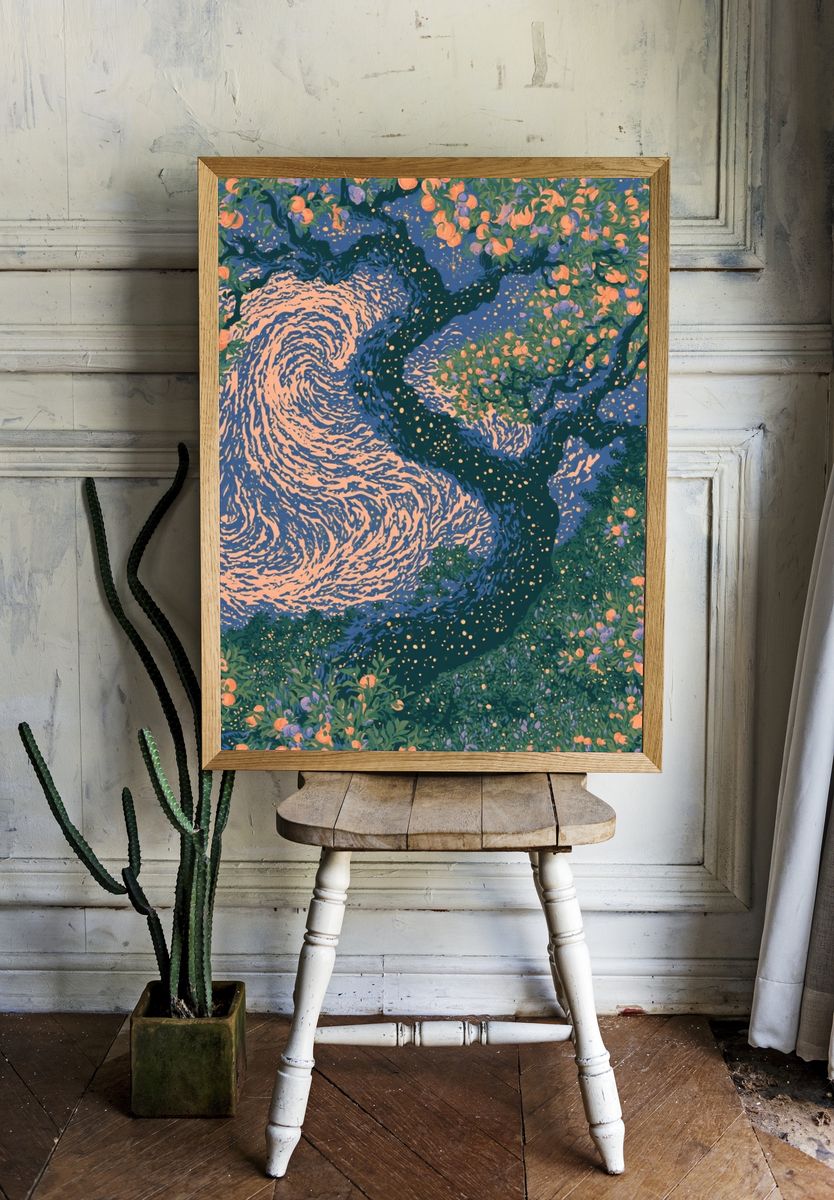 Blossoming River Abstract Print. room preview
