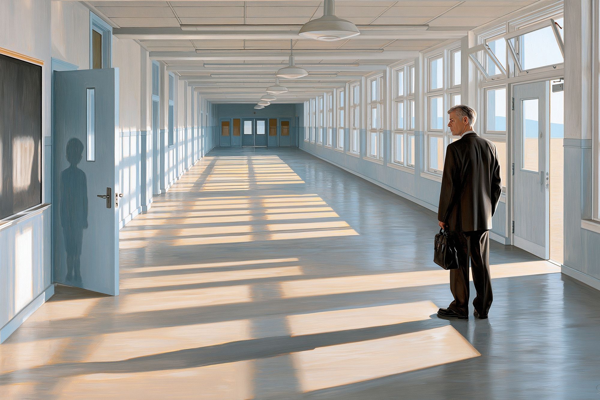Sunlit Corridor with Man — Fine-Art Print. poster detail