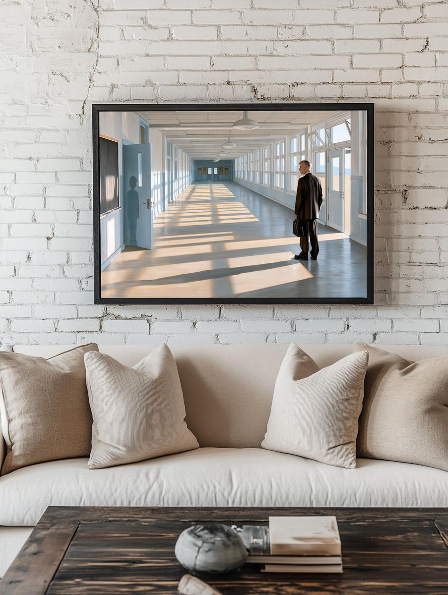 Sunlit Corridor with Man — Fine-Art Print. room preview