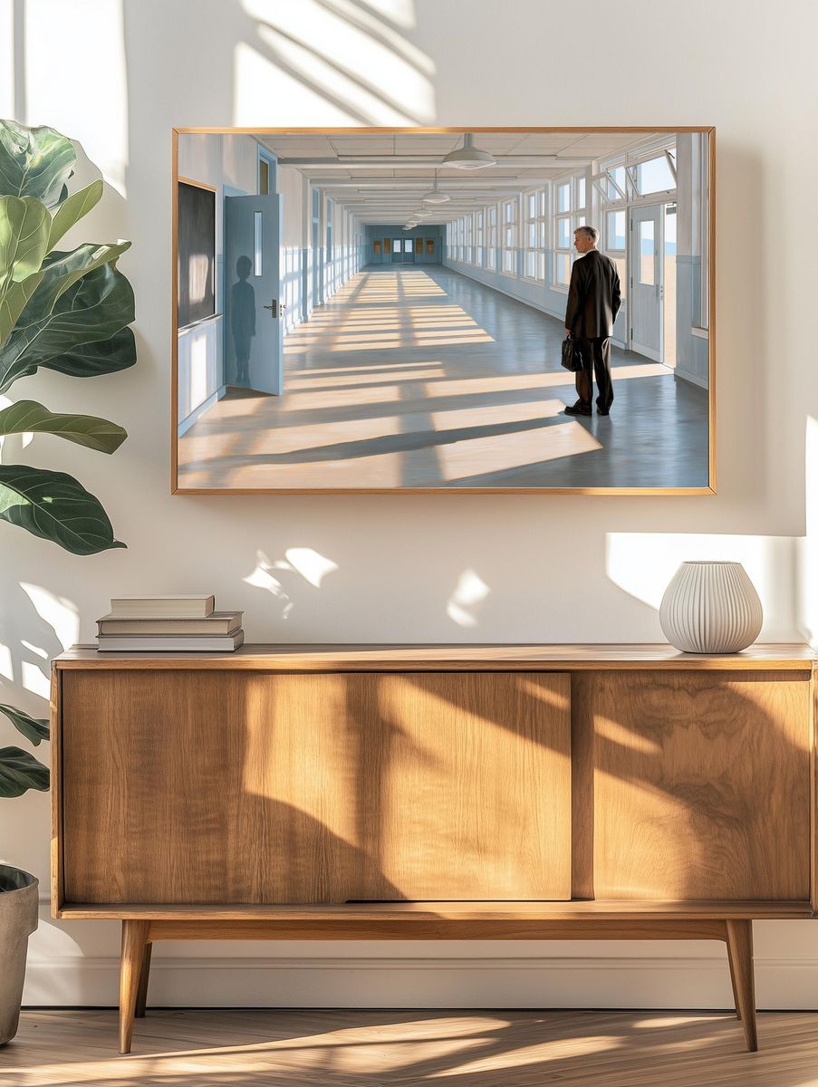 Sunlit Corridor with Man — Fine-Art Print. — room view 3