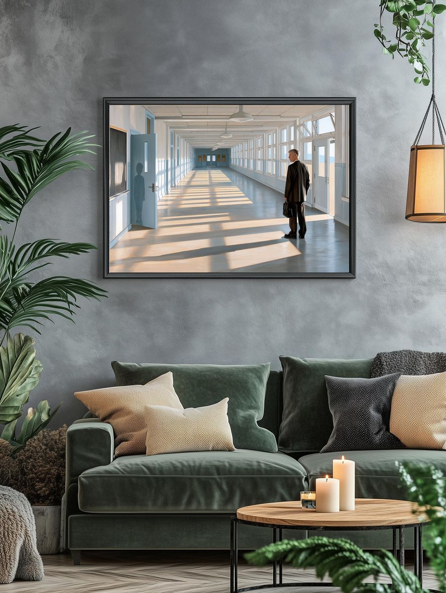 Sunlit Corridor with Man — Fine-Art Print. — room view 4