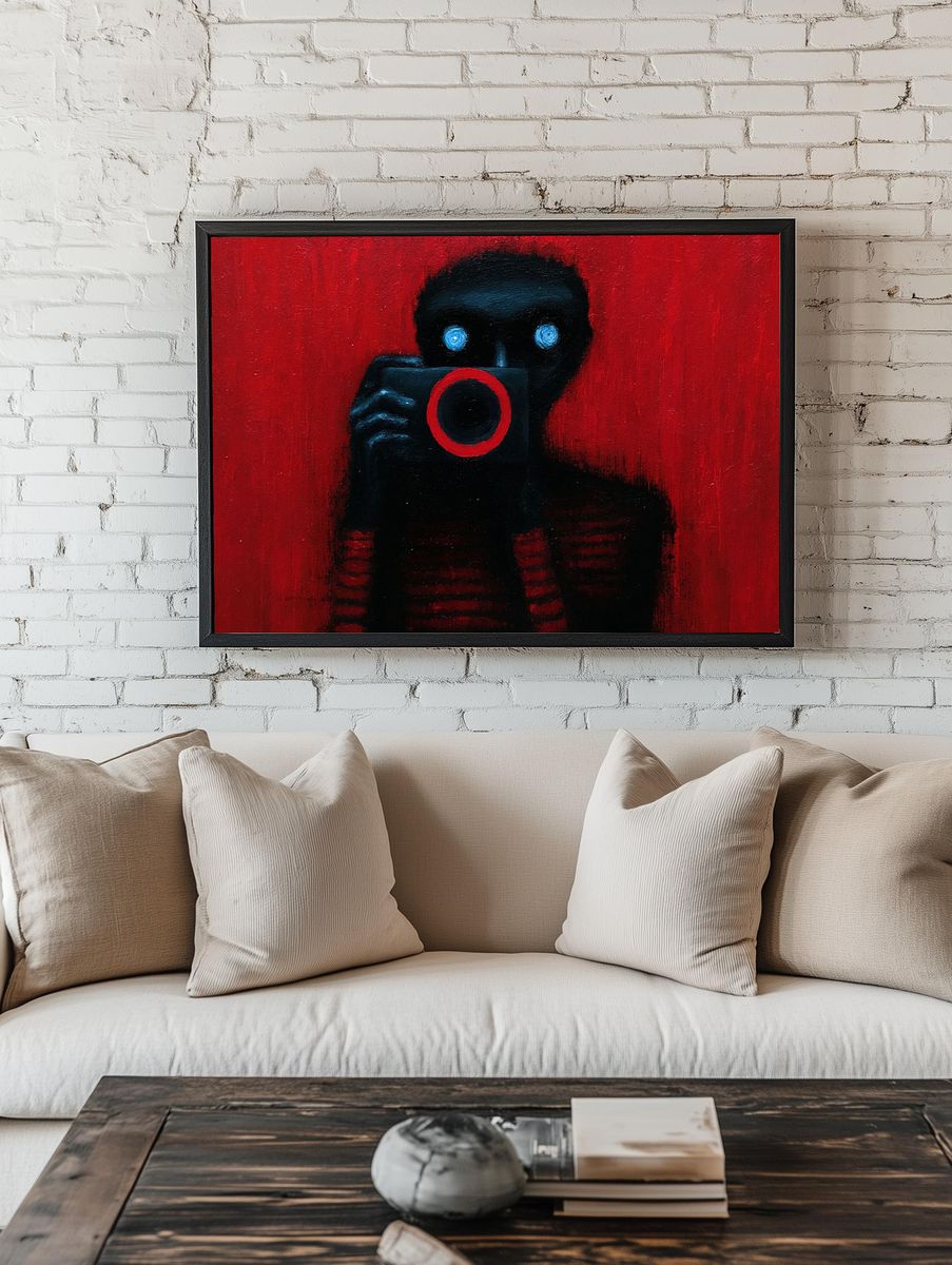 Red Camera Figure Surrealism Print. — room view 1