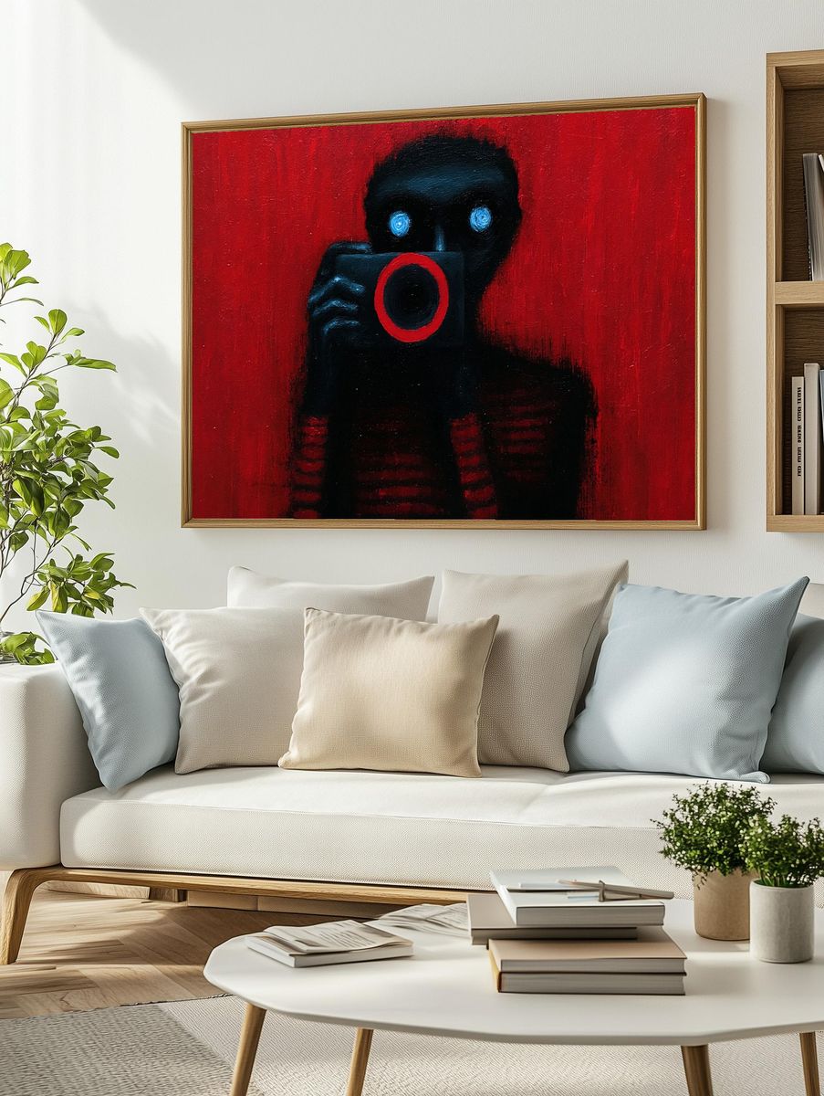 Red Camera Figure Surrealism Print. — room view 2