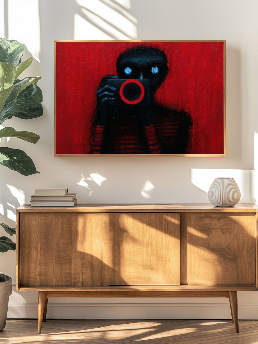 Red Camera Figure Surrealism Print. — room view 3