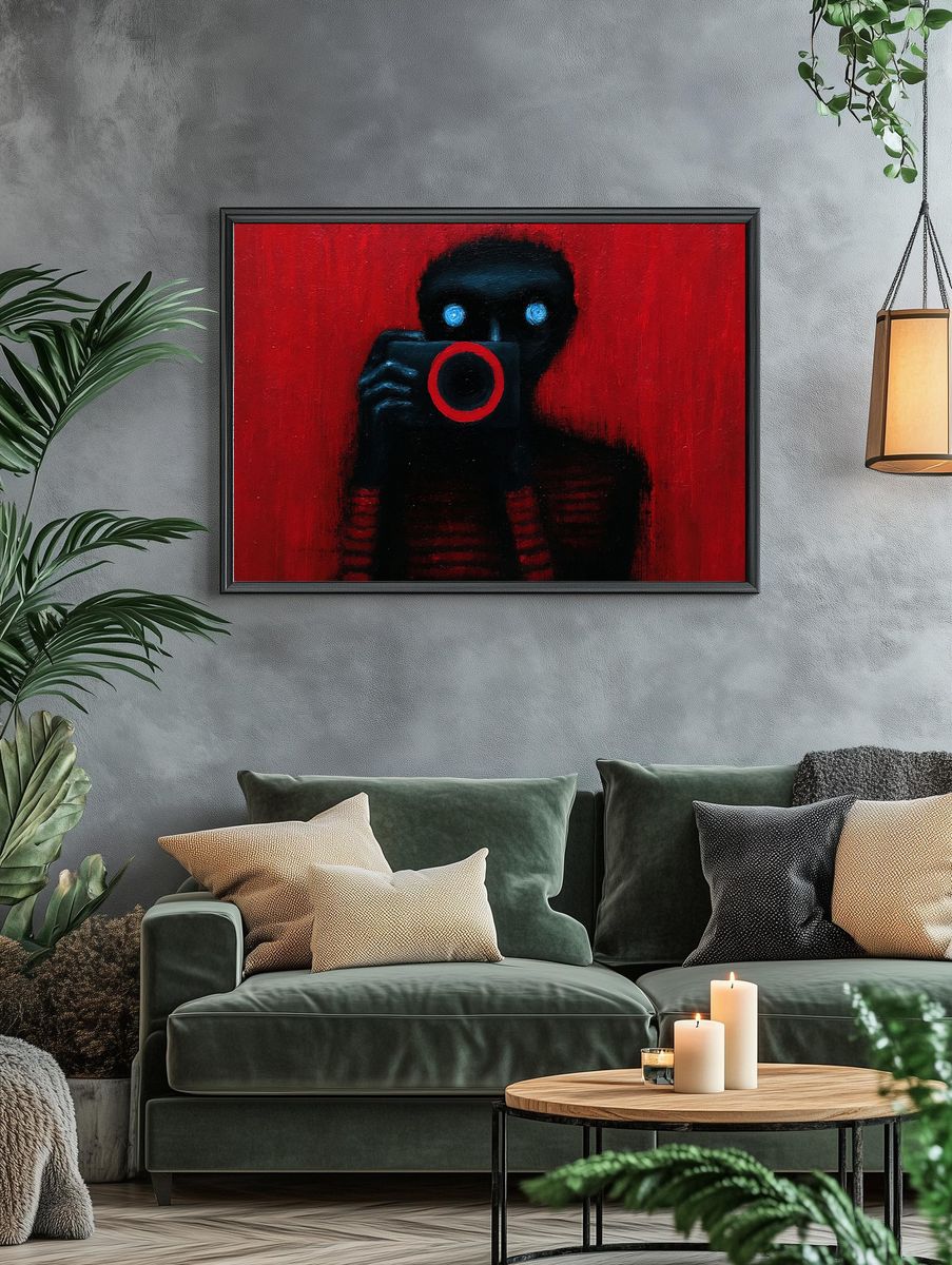 Red Camera Figure Surrealism Print. — room view 4