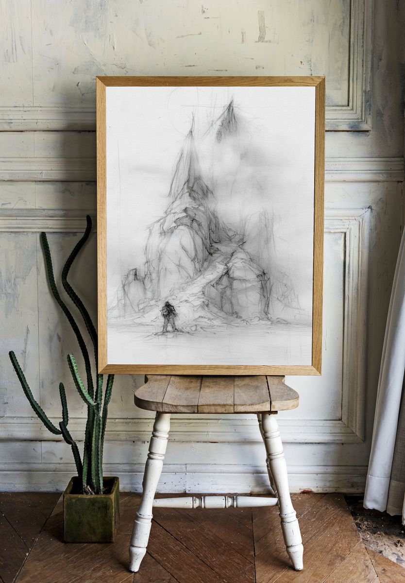 Misty Mountain Sketch Print. room preview