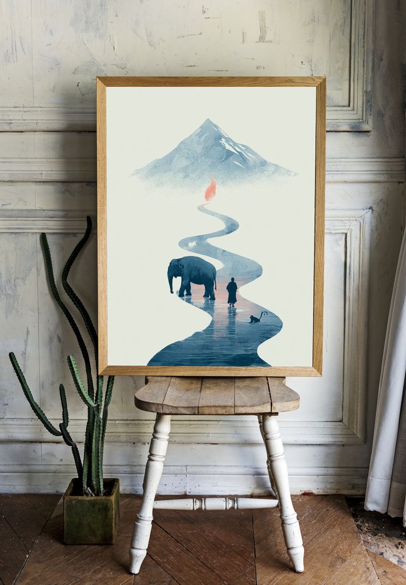 Elephant River Mountain Surreal Print. room preview