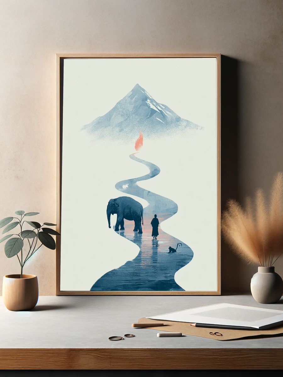 Elephant River Mountain Surreal Print. — room view 2